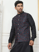 Embroidered Silk Blend Nehru Jacket-JOWC-4103Navy